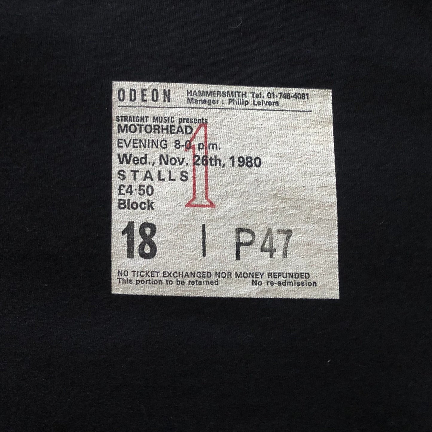 MOTÖRHEAD - 1980 “ Ace of Spades “ T Shirt . Featuring the tour advert and corresponding ticket