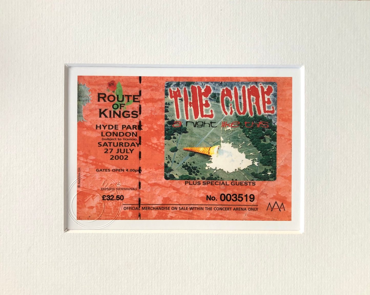 THE CURE- 2002 Hyde Park , London framed ticket giclee print