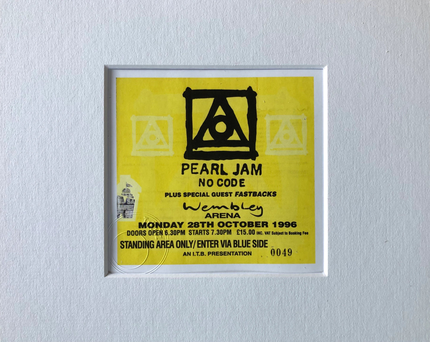 PEARL JAM - 1996 “ No Code tour “ , Wembley arena , London framed ticket giclee print