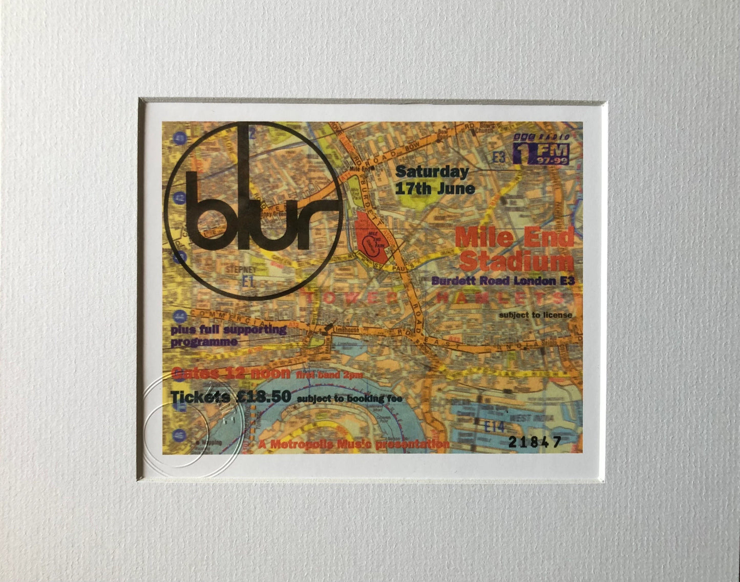 BLUR- 1995 Mile End Stadium, London framed ticket giclee print