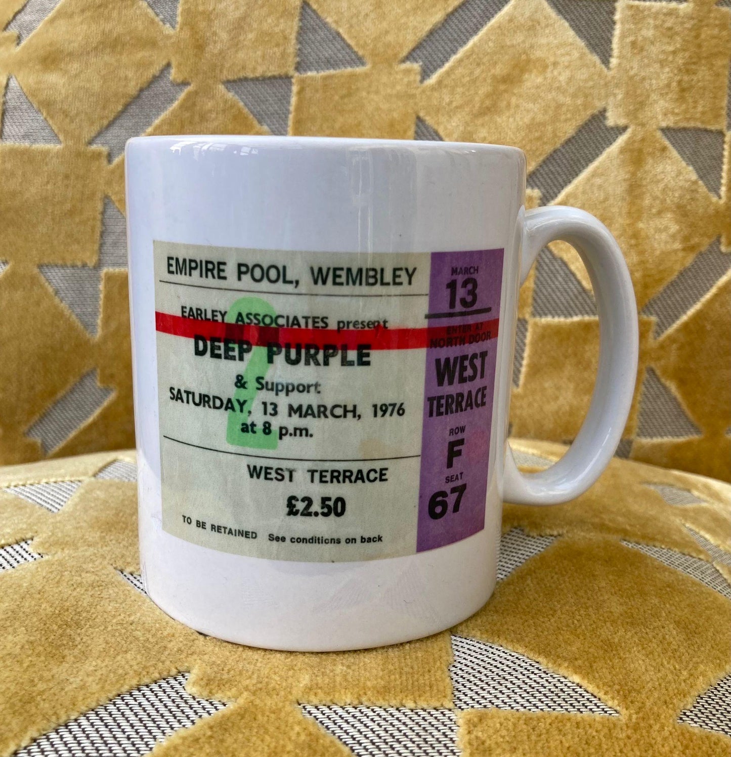 DEEP PURPLE - 11oz ceramic mug featuring the 1976 Empire Pool ,Wembley, London ticket on both sides