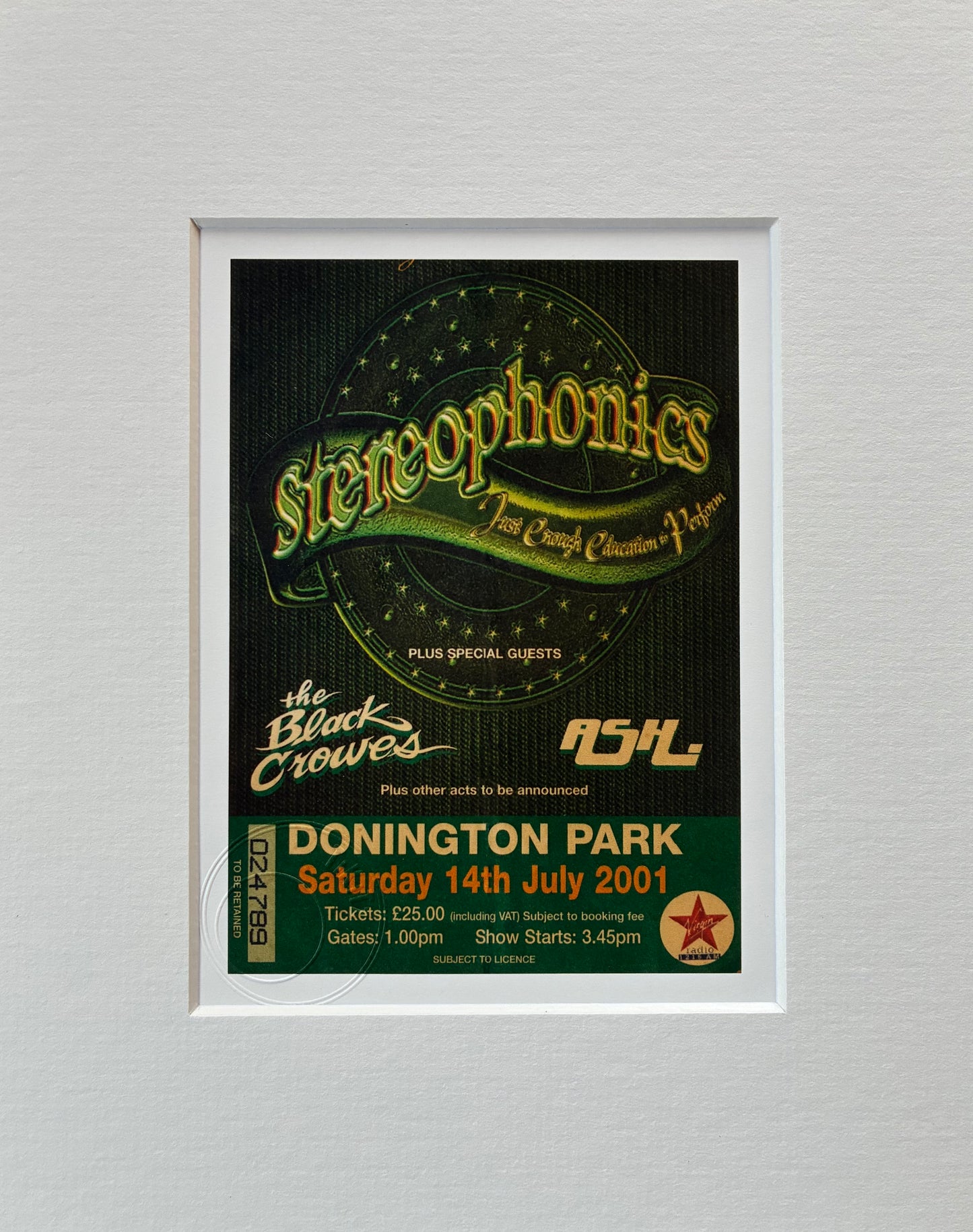 STEREOPHONICS ( Black Crowes ) - 2001 Donington Park framed ticket giclee print