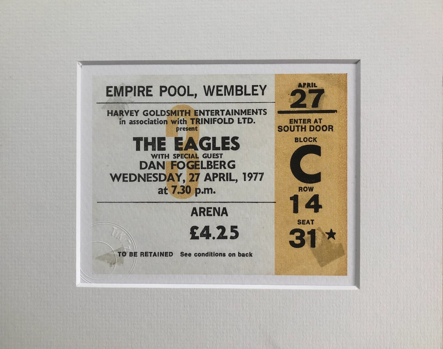 THE EAGLES - 1977 Empire Pool , Wembley , London framed ticket giclee print