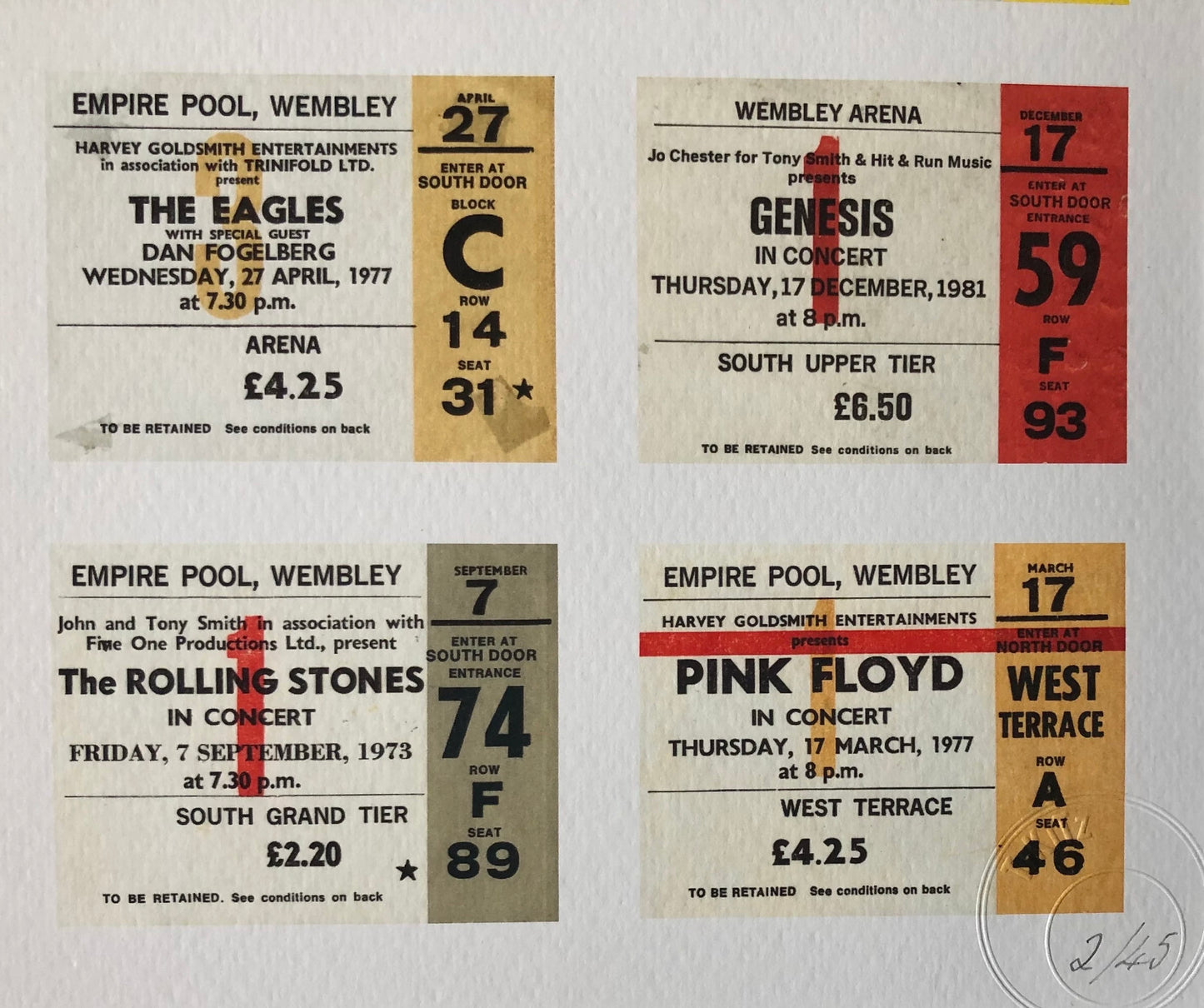 MUSIC ICONS WEMBLEY TICKETS 2 - A framed limited edition ticket giclee print. Featuring 9 different Artist / Band tickets .Edition size 45