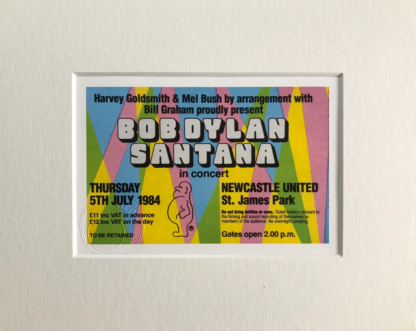 BOB DYLAN / SANTANA - 1984 St. James Park, Newcastle framed ticket giclee print