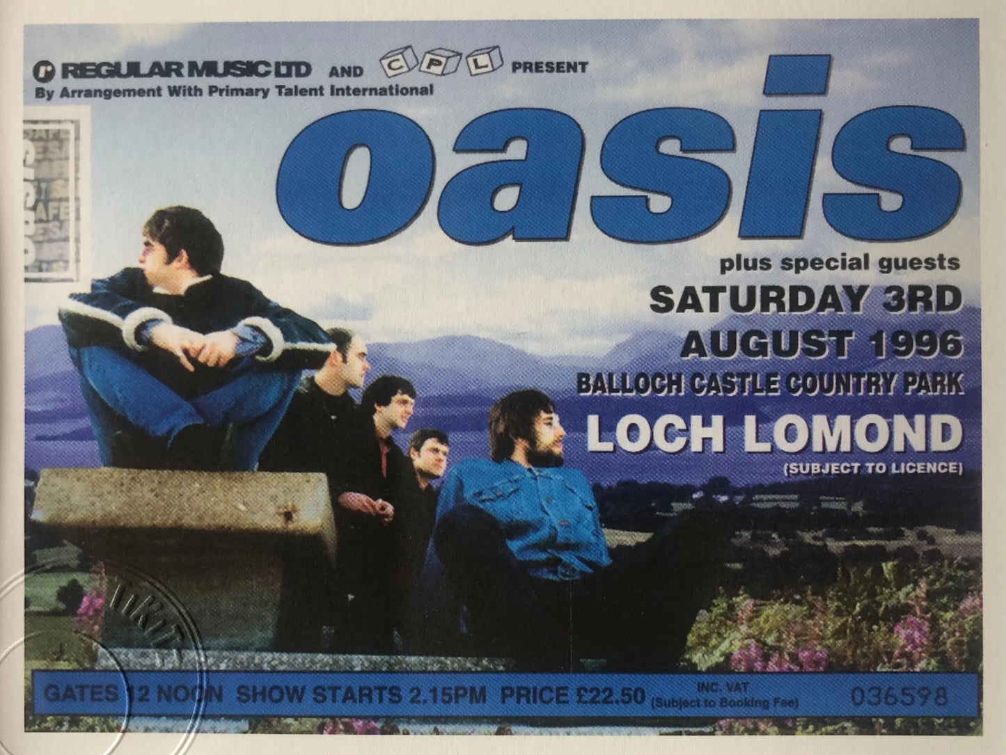 OASIS - 3/8/1996 Loch Lomond, Balloch Castle Country Park framed ticket giclee print