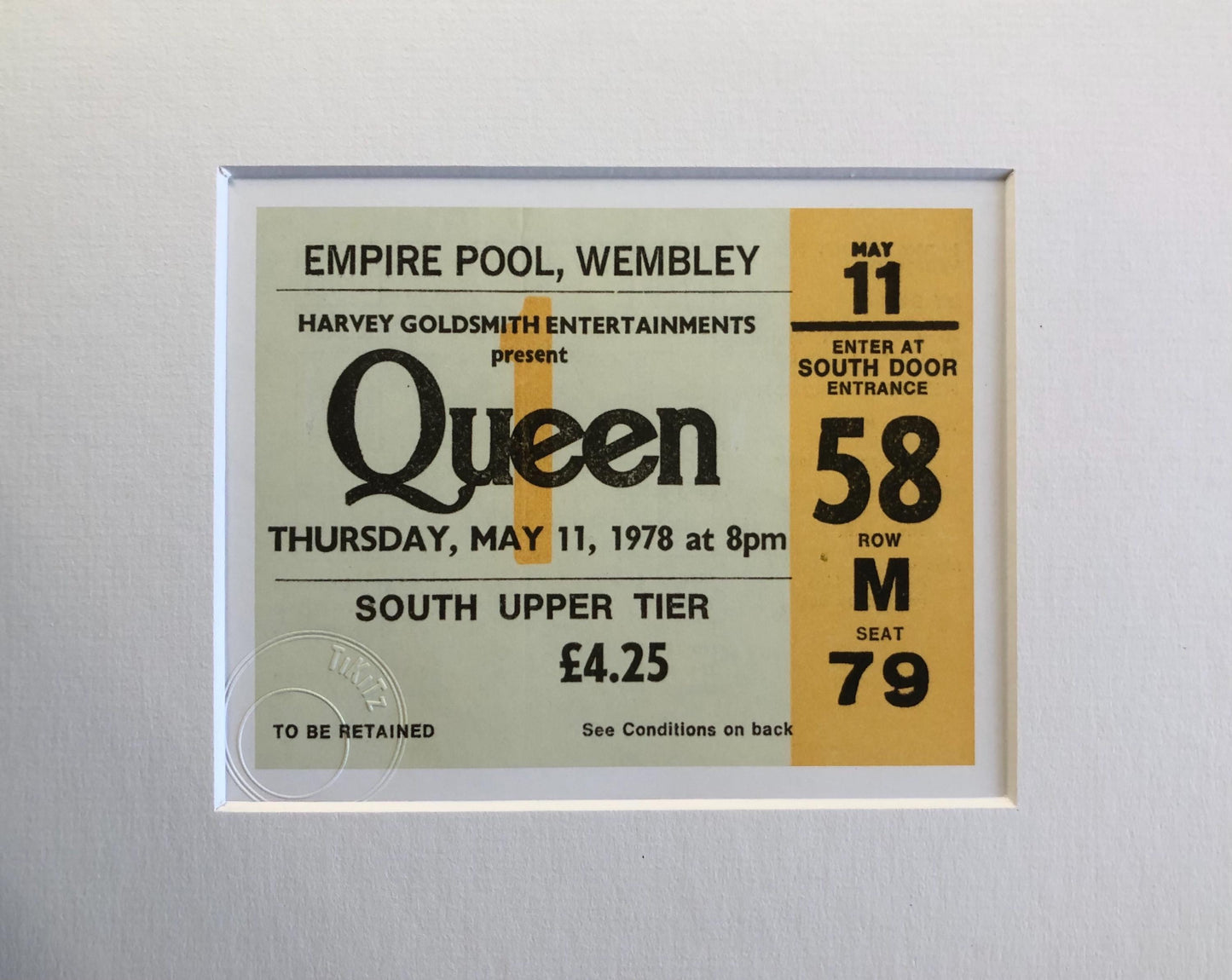 QUEEN - 1978 Empire Pool , Wembley , London framed ticket giclee print