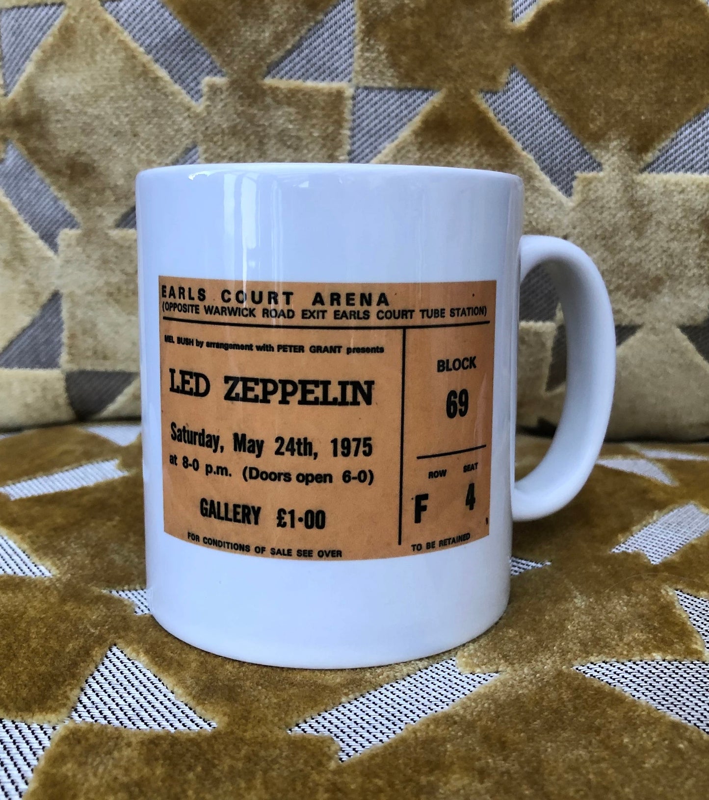 LED ZEPPELIN - 11oz ceramic mug featuring the 1975 Earls Court Arena , London ticket on both sides