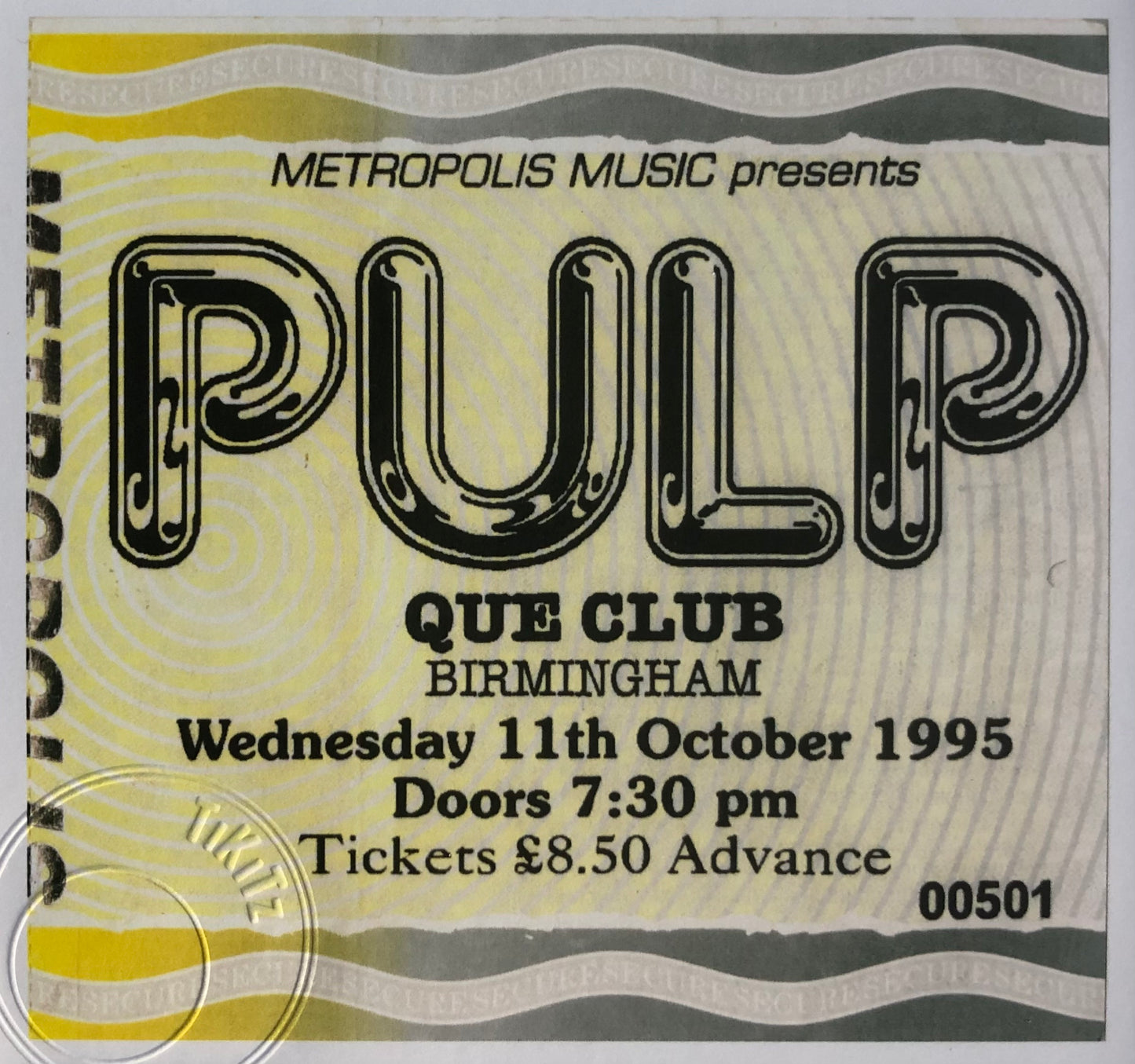 PULP - 1995 Que Club, Birmingham framed ticket giclee print