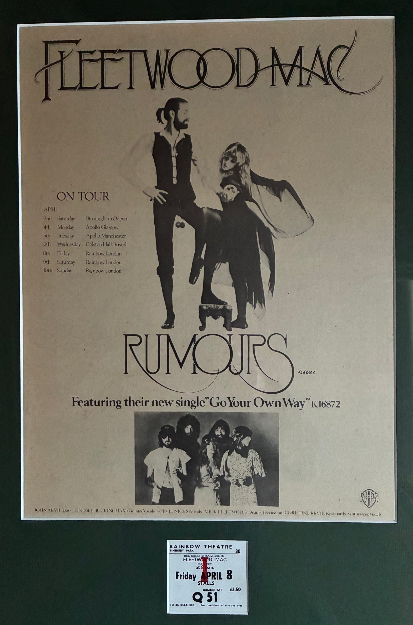 FLEETWOOD MAC- 1977 “ Rumours tour “ concert advert and original ticket for the Rainbow , London concert on 12/5/1973 . Framed