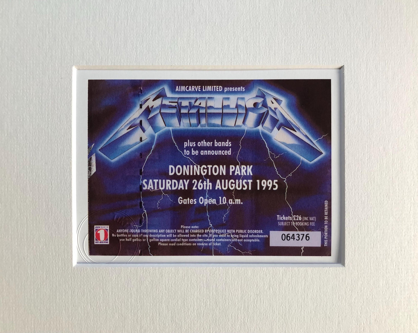 METALLICA - 26/8/1995 Monsters of Rock at Donington Park framed ticket giclee print