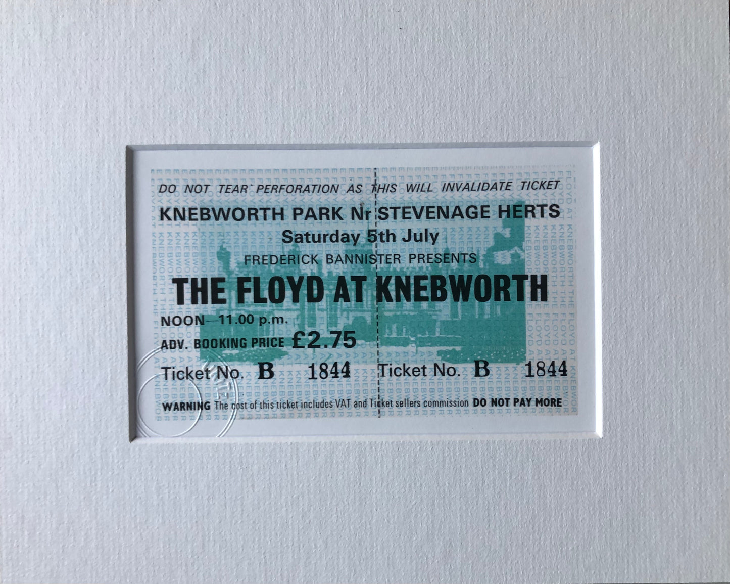 PINK FLOYD -5/7/1975 “ The Floyd at Knebworth “. - Knebworth Park framed ticket giclee print