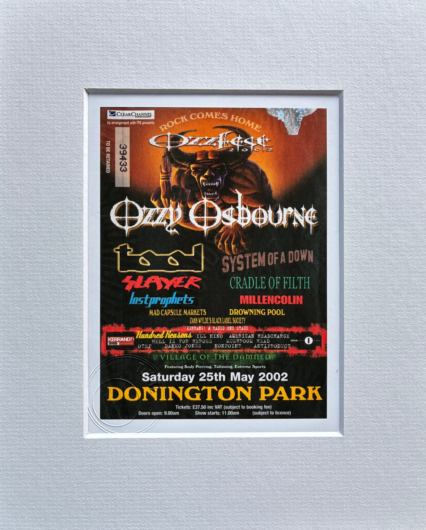 OZZY OSBOURNE - 2002 “ Ozzfest 2002 ” Donington Park framed ticket giclee print