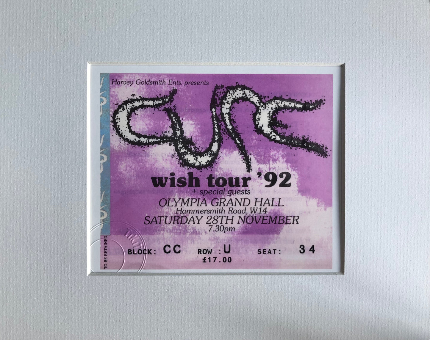 THE CURE - 1992 (Purple) Olympia Grand Hall, London framed ticket giclee print