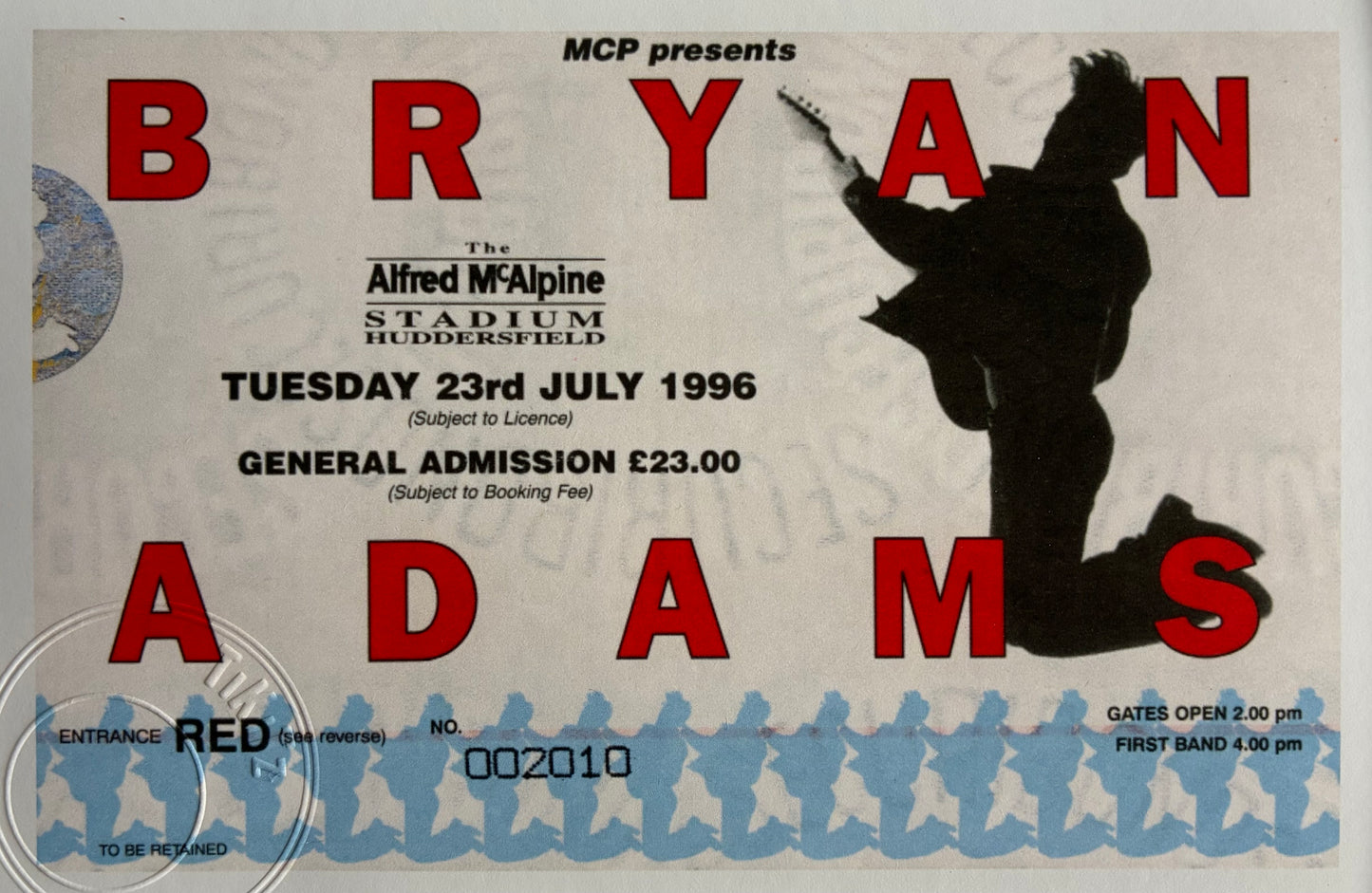 BRYAN ADAMS - 1996 The National Bowl, Milton Keynes framed ticket giclee print