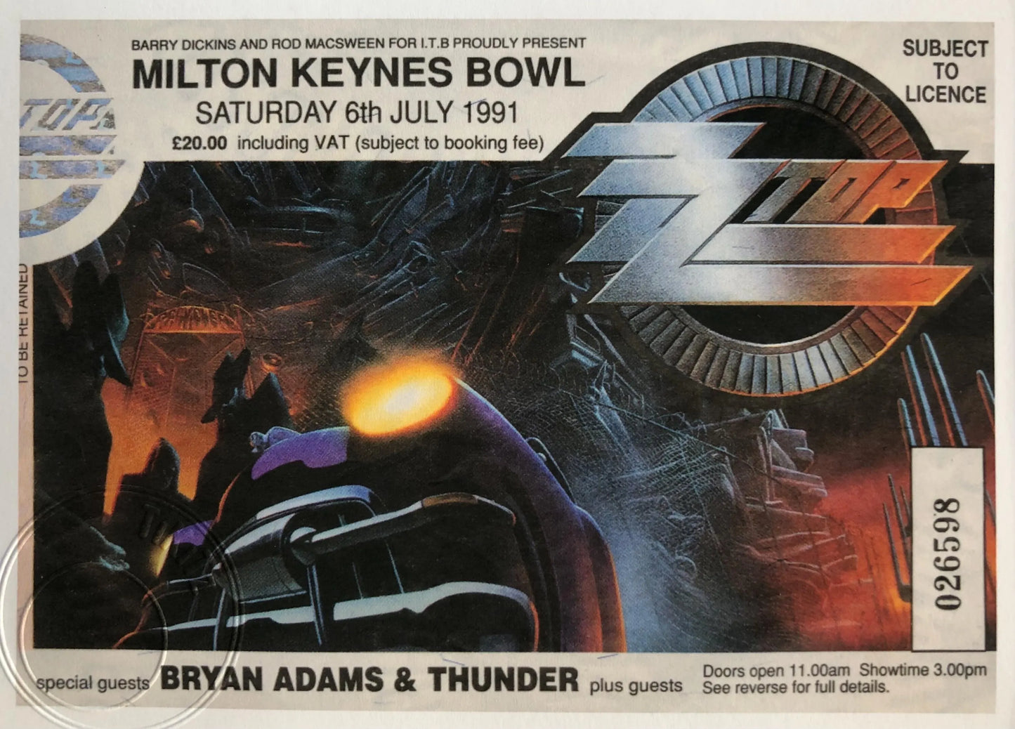ZZ TOP - 1991 Milton Keynes Bowl framed ticket giclee print