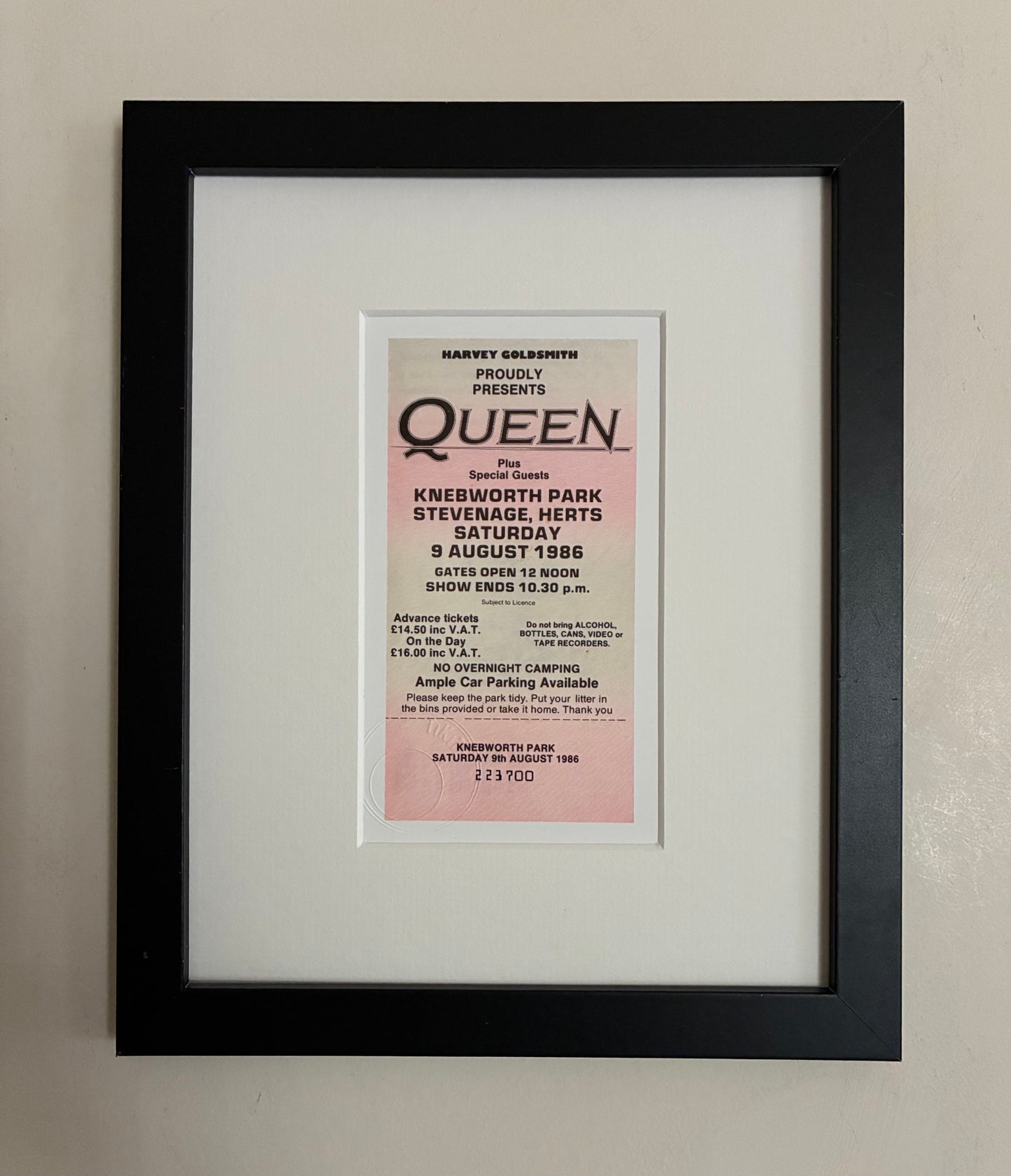 QUEEN - 9/8/1986 Knebworth Park framed ticket giclee print