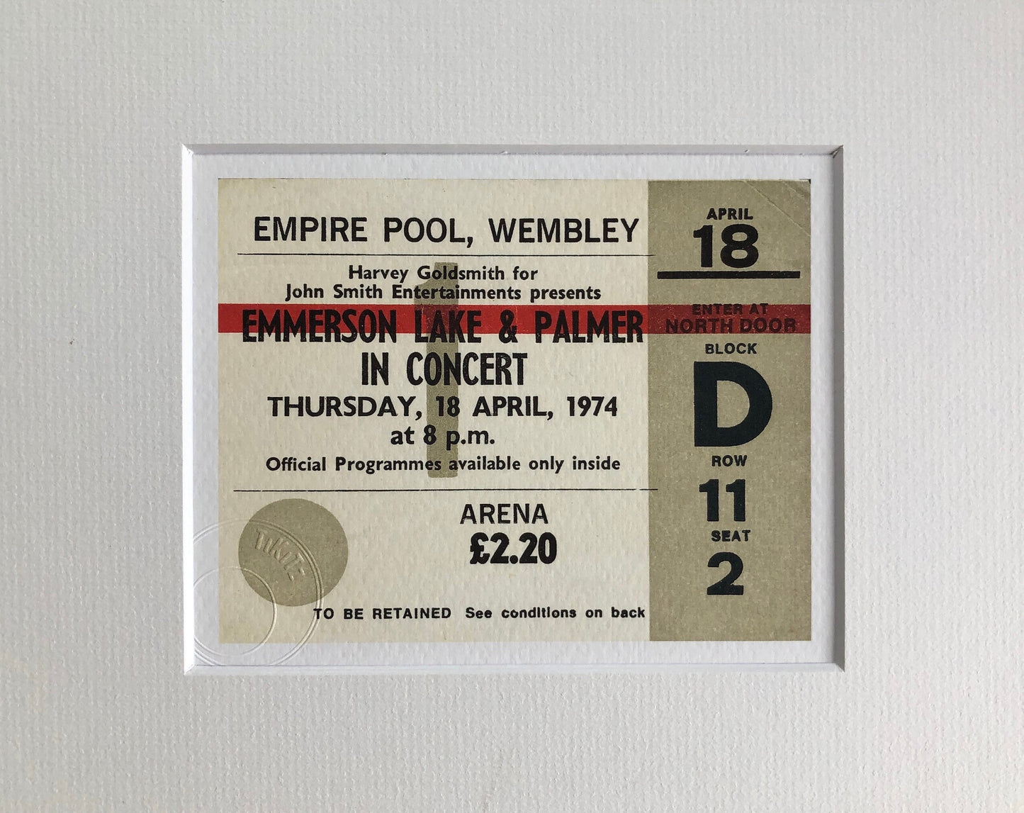 EMMERSON , LAKE and PALMER- 1974 Empire Pool , Wembley London framed ticket giclee print