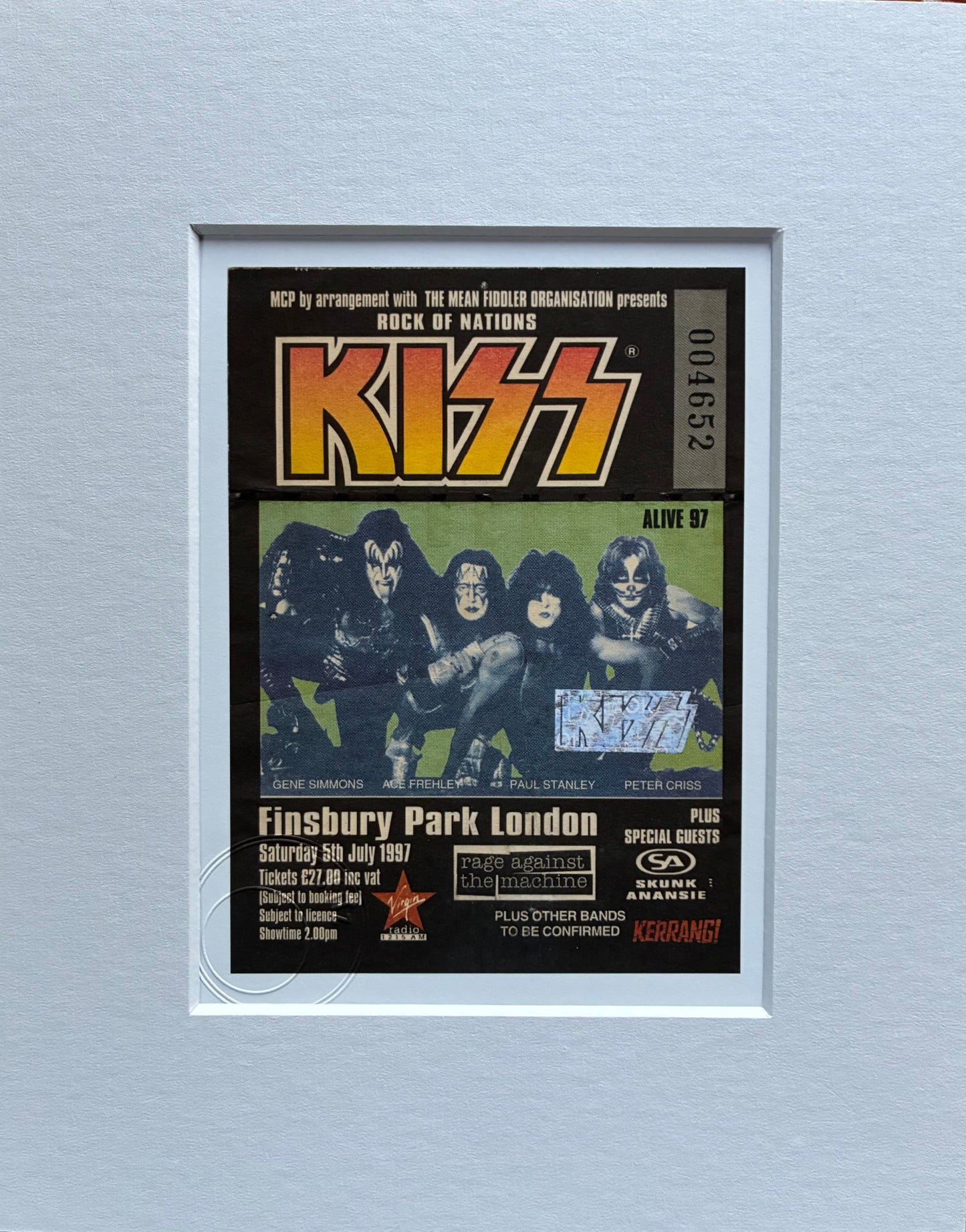 KISS - 1997 Finsbury Park, London framed ticket giclee print