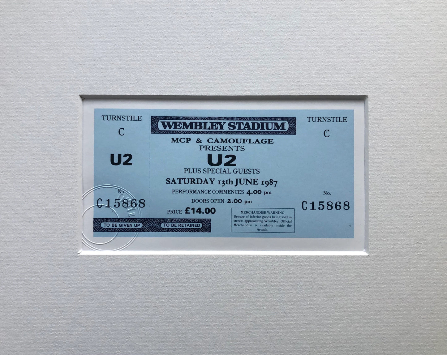 U2 - 1987 “ Joshua Tree tour “ Wembley Stadium , London framed ticket giclee print