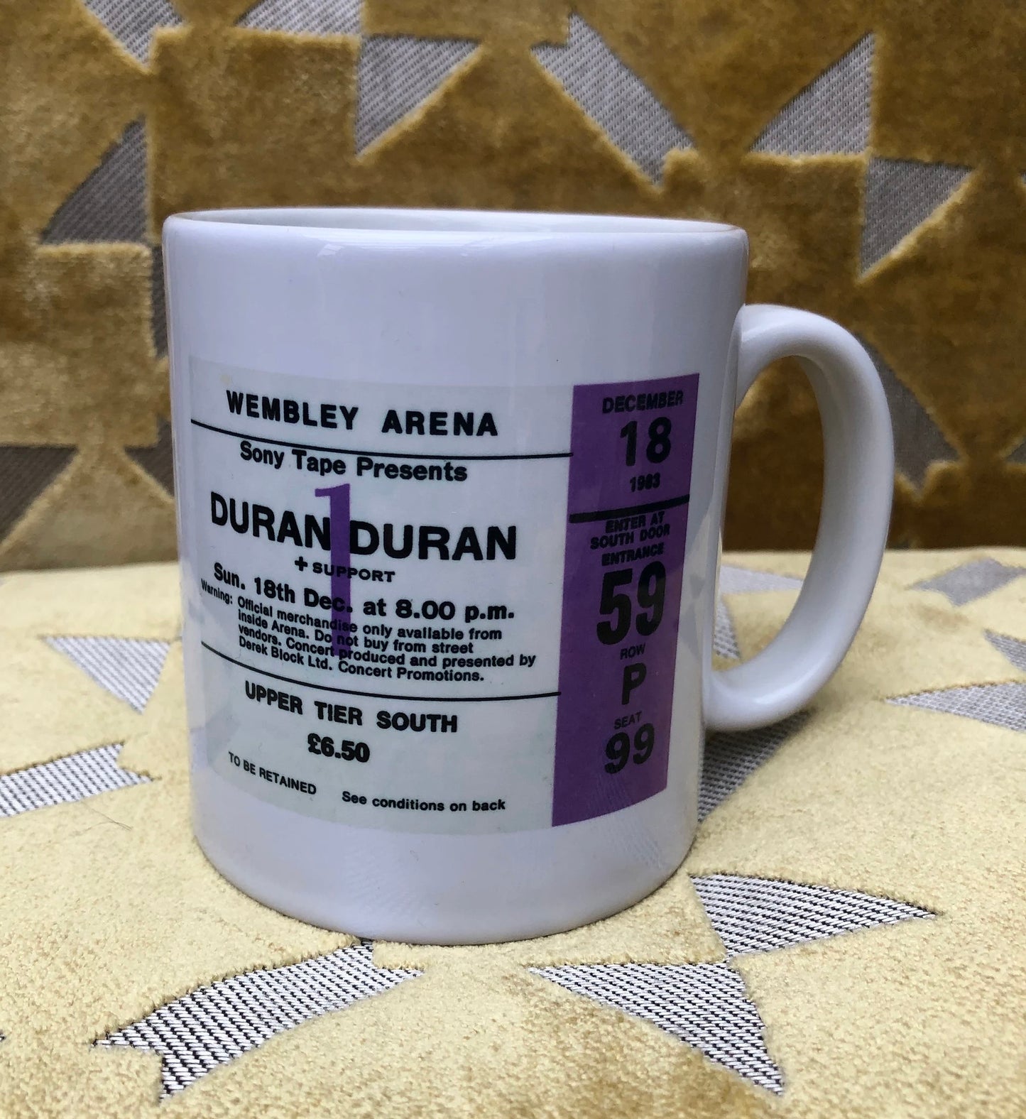DURAN DURAN - 11oz ceramic mug featuring the 1983 Wembley Arena, London ticket on both sides