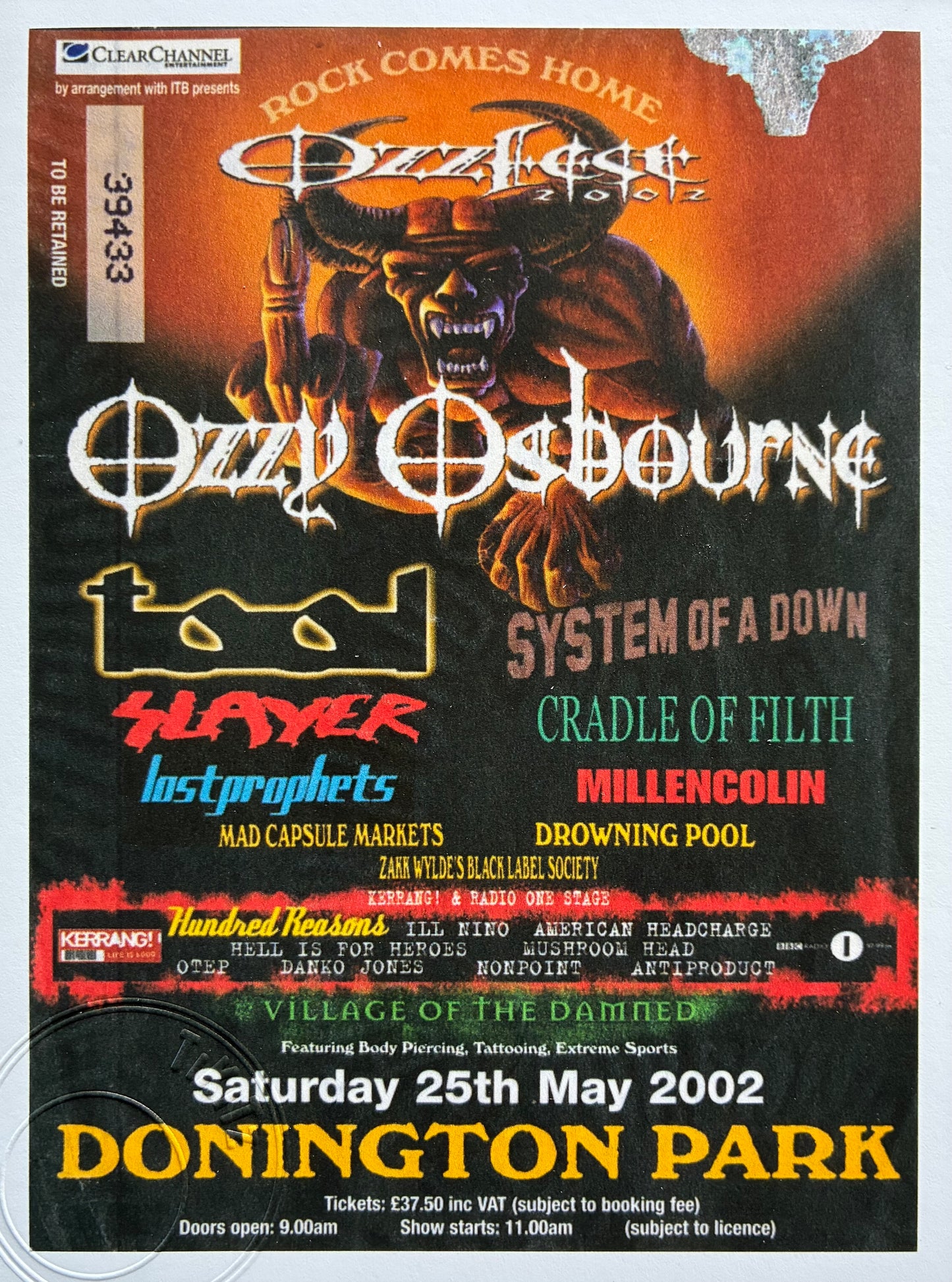 OZZY OSBOURNE - 2002 “ Ozzfest 2002 ” Donington Park framed ticket giclee print