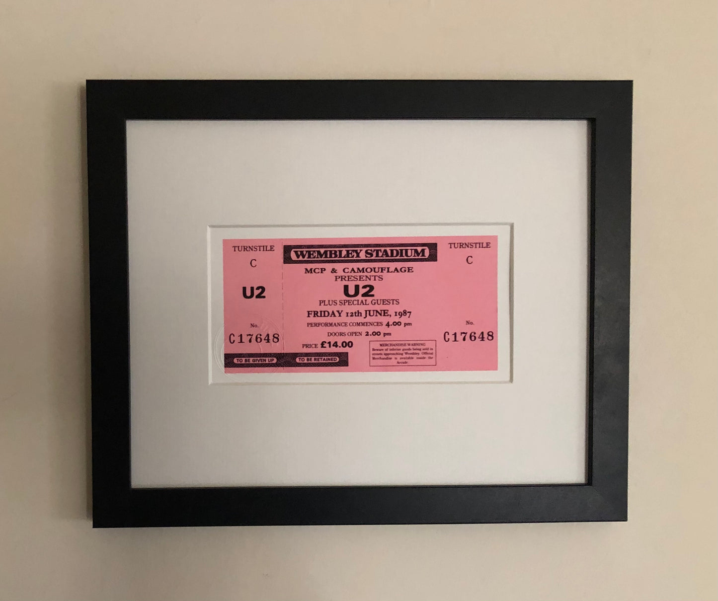 U2 - 1987 “ Joshua Tree tour “ Wembley Stadium , London framed ticket giclee print