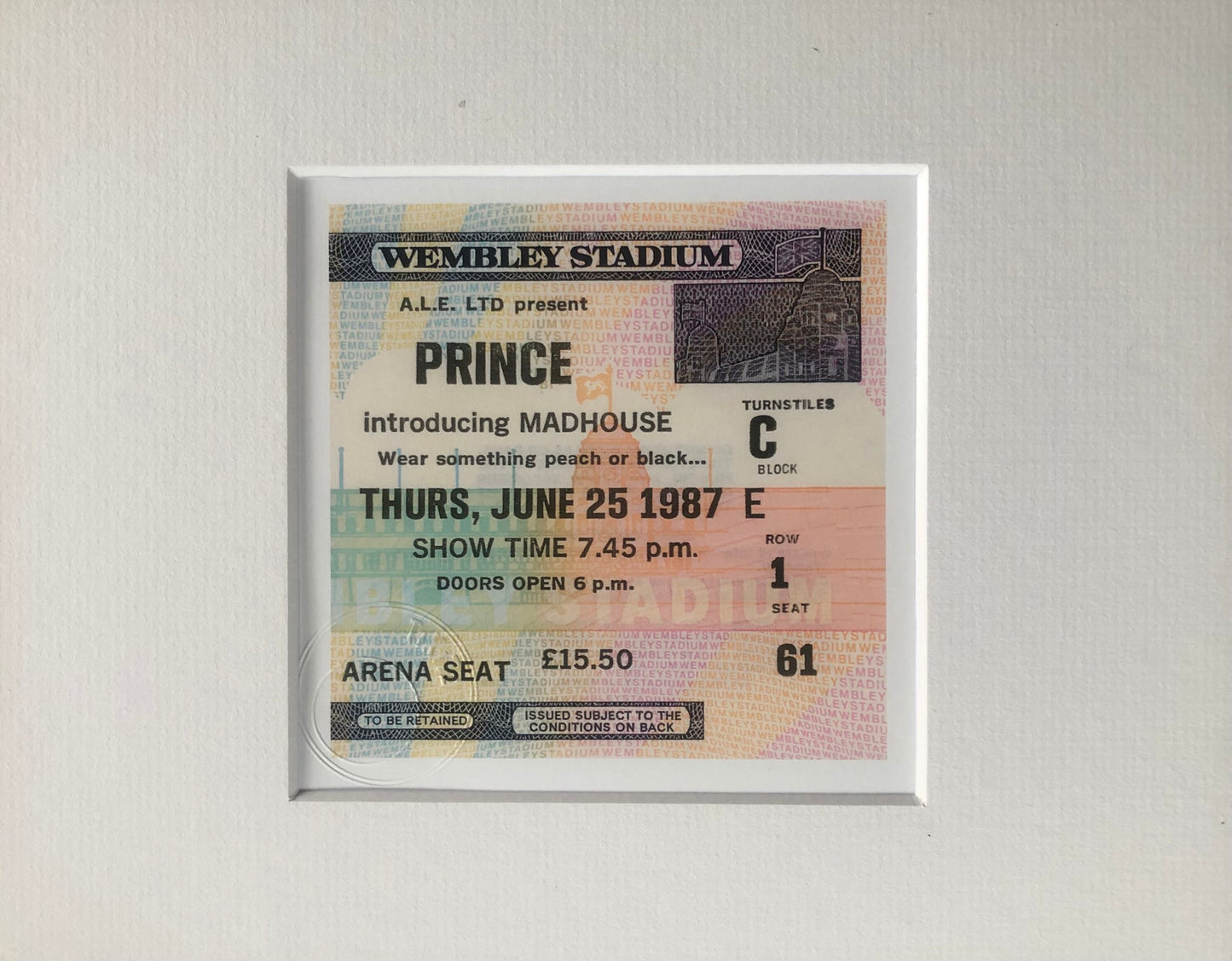 PRINCE - 1987 “Wembley Stadium , London framed ticket giclee print