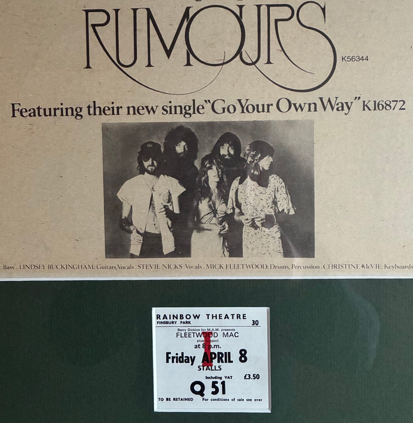 FLEETWOOD MAC- 1977 “ Rumours tour “ concert advert and original ticket for the Rainbow , London concert on 12/5/1973 . Framed