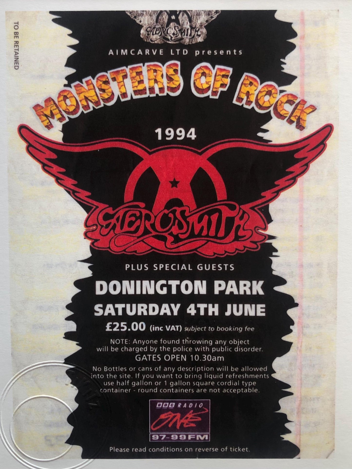 AEROSMITH - 4/6/1994 Monsters of Rock at Donington Park framed ticket giclee print