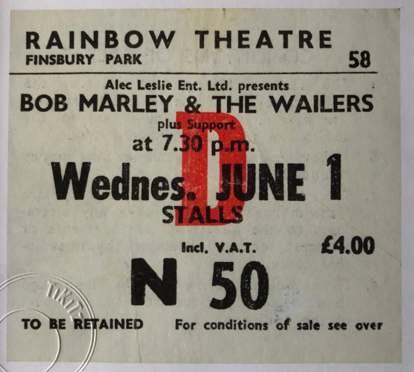 BOB MARLEY and the WAILERS - 1977 Rainbow Theatre, Finsbury Park, London framed ticket giclee print