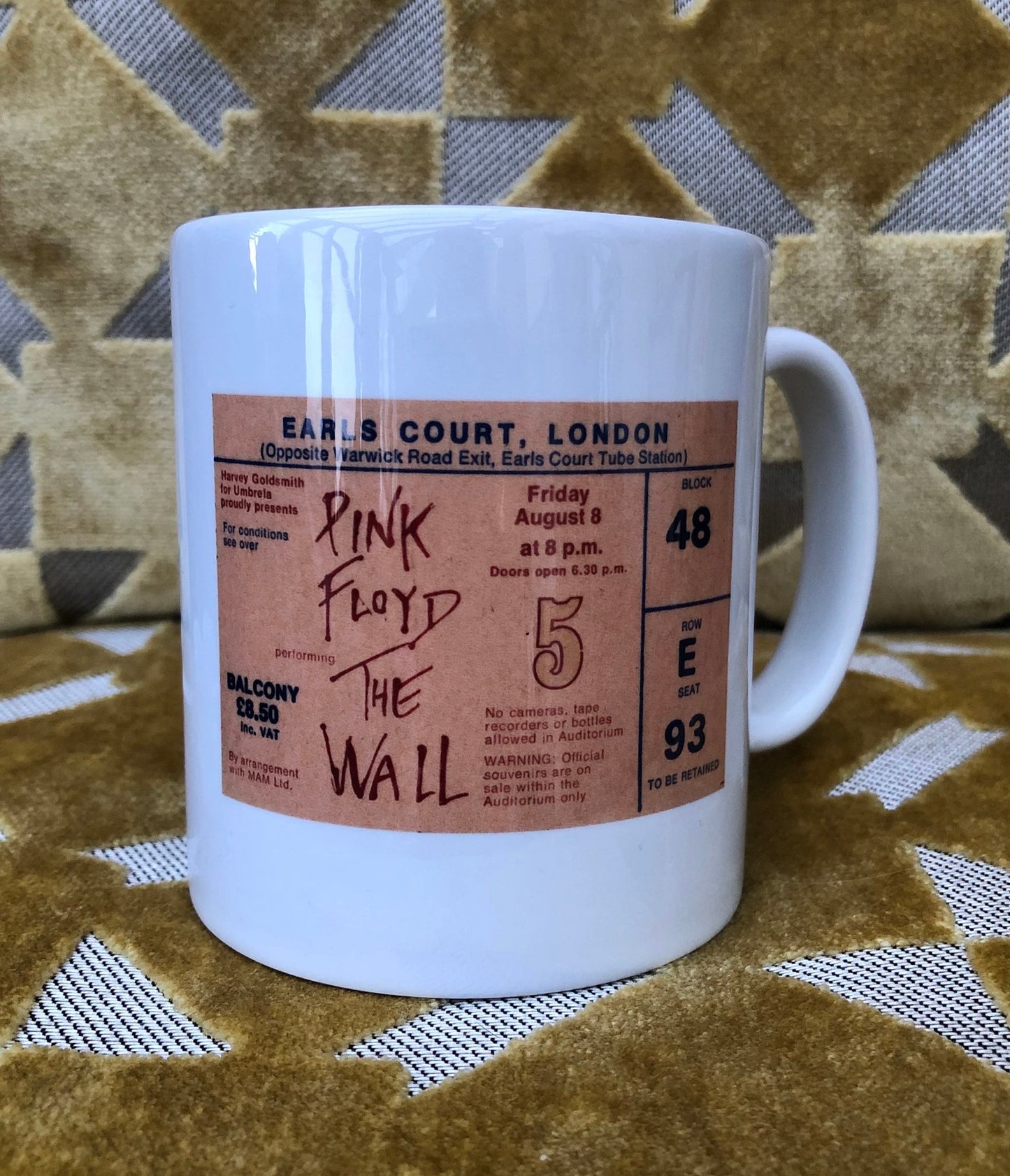 PINK FLOYD - 11oz ceramic mug featuring the 1980 Earls Court, London ticket on both sides