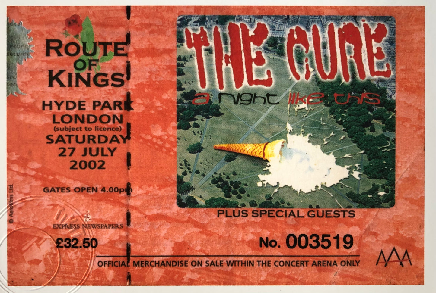 THE CURE- 2002 Hyde Park , London framed ticket giclee print
