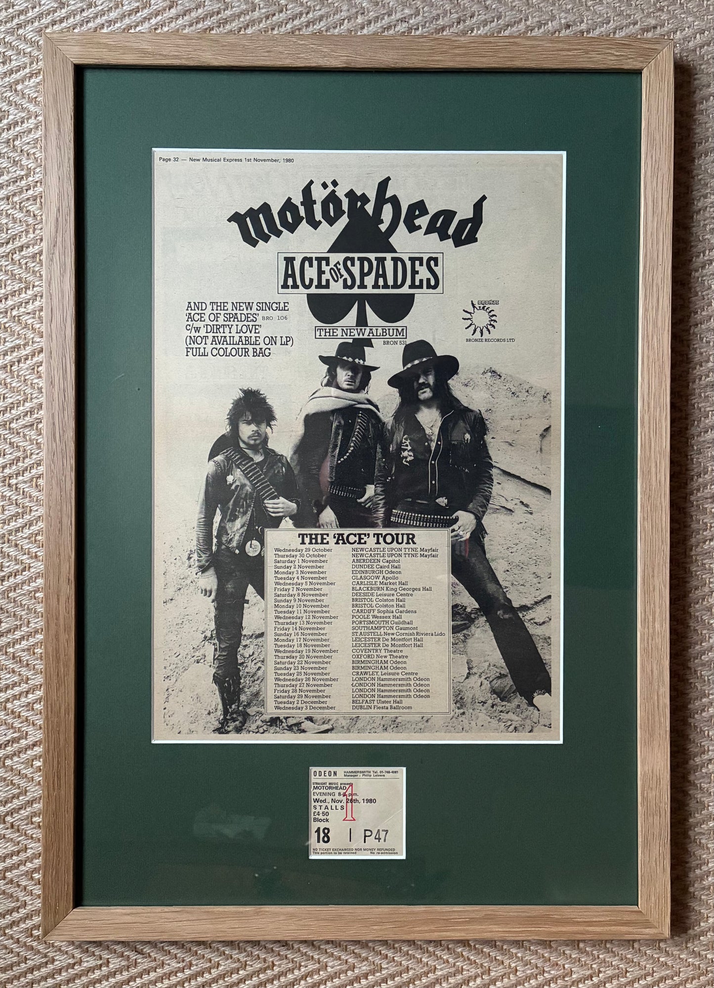 MOTORHEAD- 1980 “ Ace of Spades tour “ concert advert and original ticket for the Hammersmith Odeon London concert on 26/11/1980 . Framed