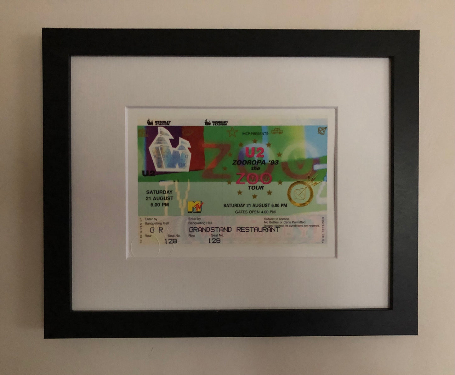 U2- Zooropa ‘93 Wembley Stadium ,London framed ticket giclee print