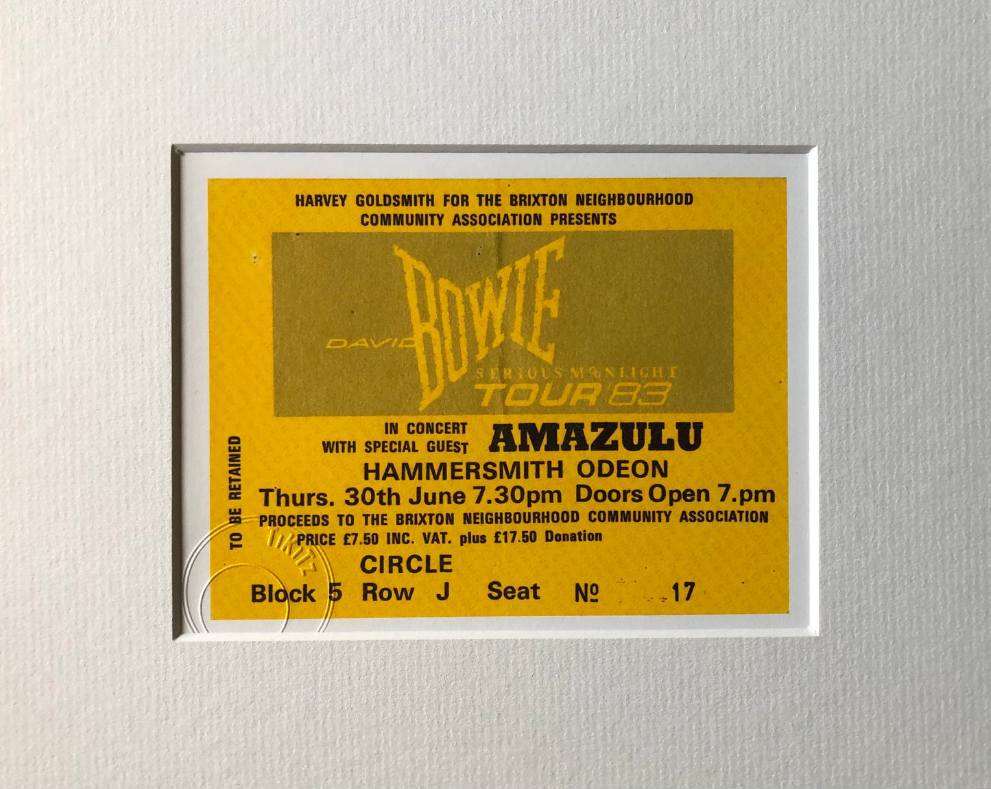 DAVID BOWIE - 1983 “ Serious Moonlight tour” , Hammersmith Odeon, London framed ticket giclee print