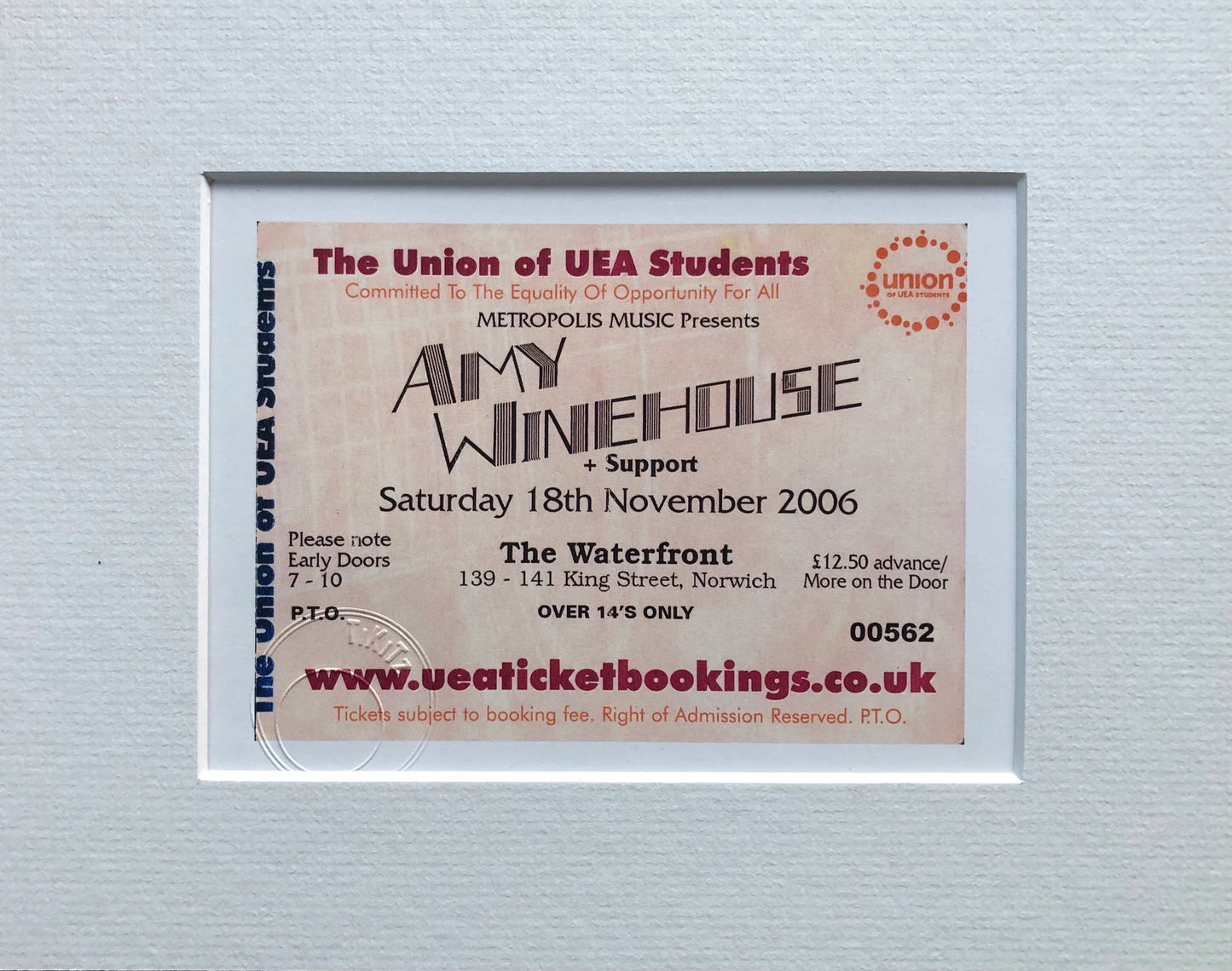 AMY WINEHOUSE - 2006 UEA, Norwich framed ticket giclee print