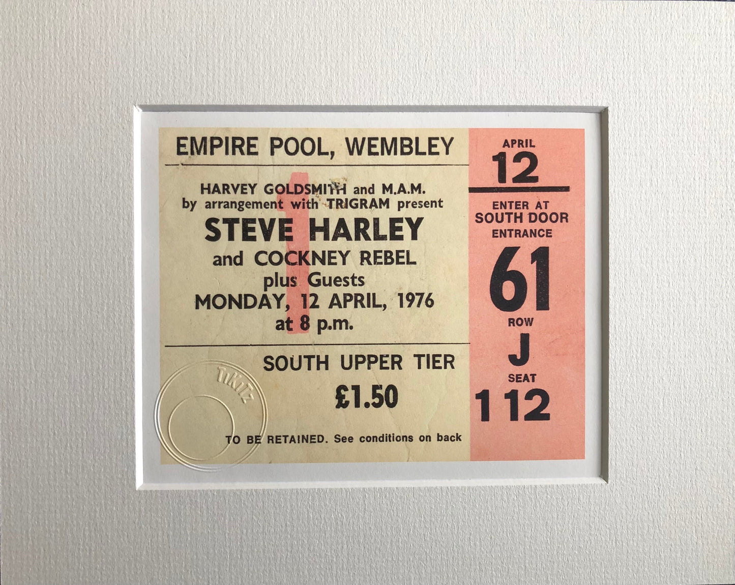 STEVE HARLEY and COCKNEY REBEL - 1976 Empire Pool, Wembley , London framed ticket giclee print