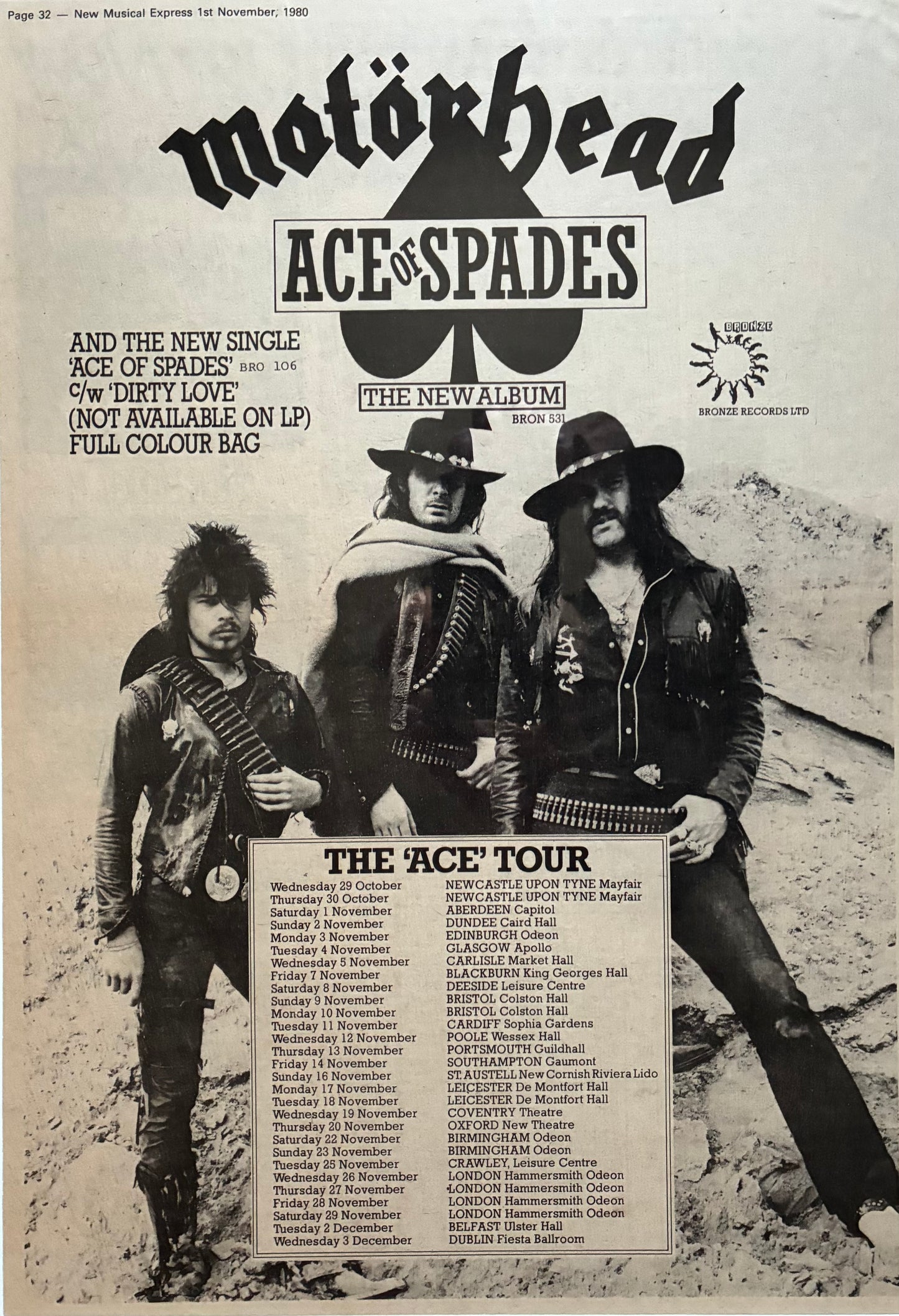 MOTORHEAD- 1980 “ Ace of Spades tour “ concert advert and original ticket for the Hammersmith Odeon London concert on 26/11/1980 . Framed