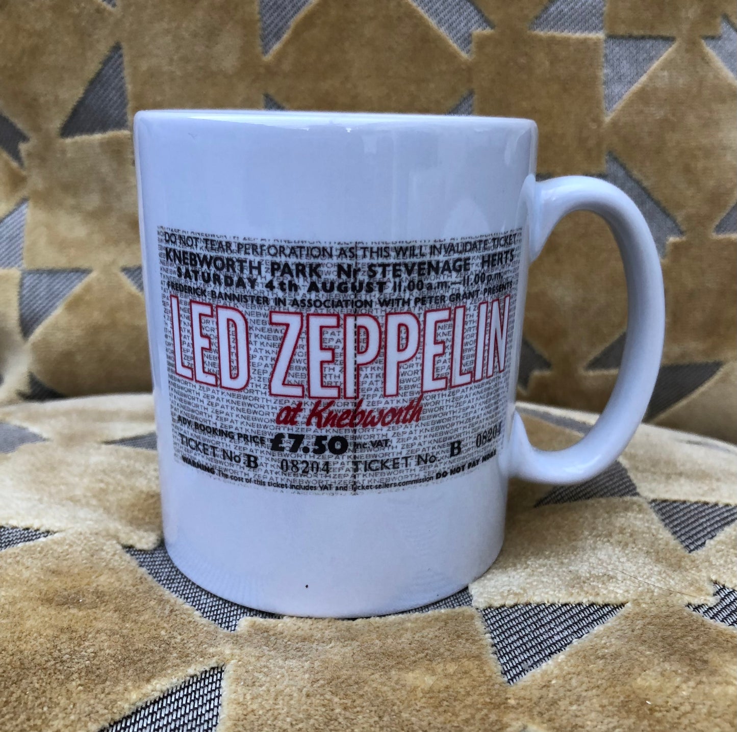 LED ZEPPELIN - 11oz ceramic mug featuring the 4/8/1979 “ Knebworth Park, Nr Stevenage, Herts concert ticket on both sides
