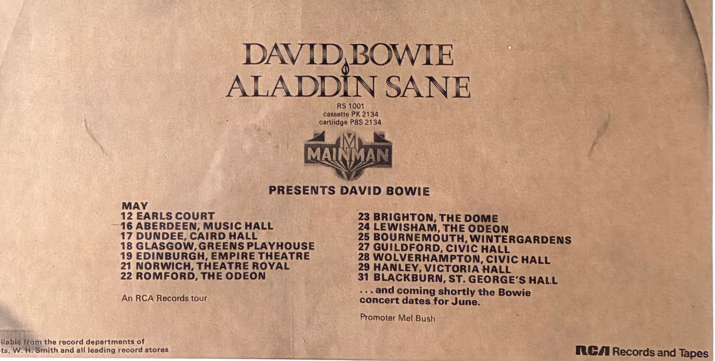 DAVID BOWIE - 1973 “ Aladdin Sane tour “ concert advert and original ticket for the Earls Court, London concert on 12/5/1973 . Framed