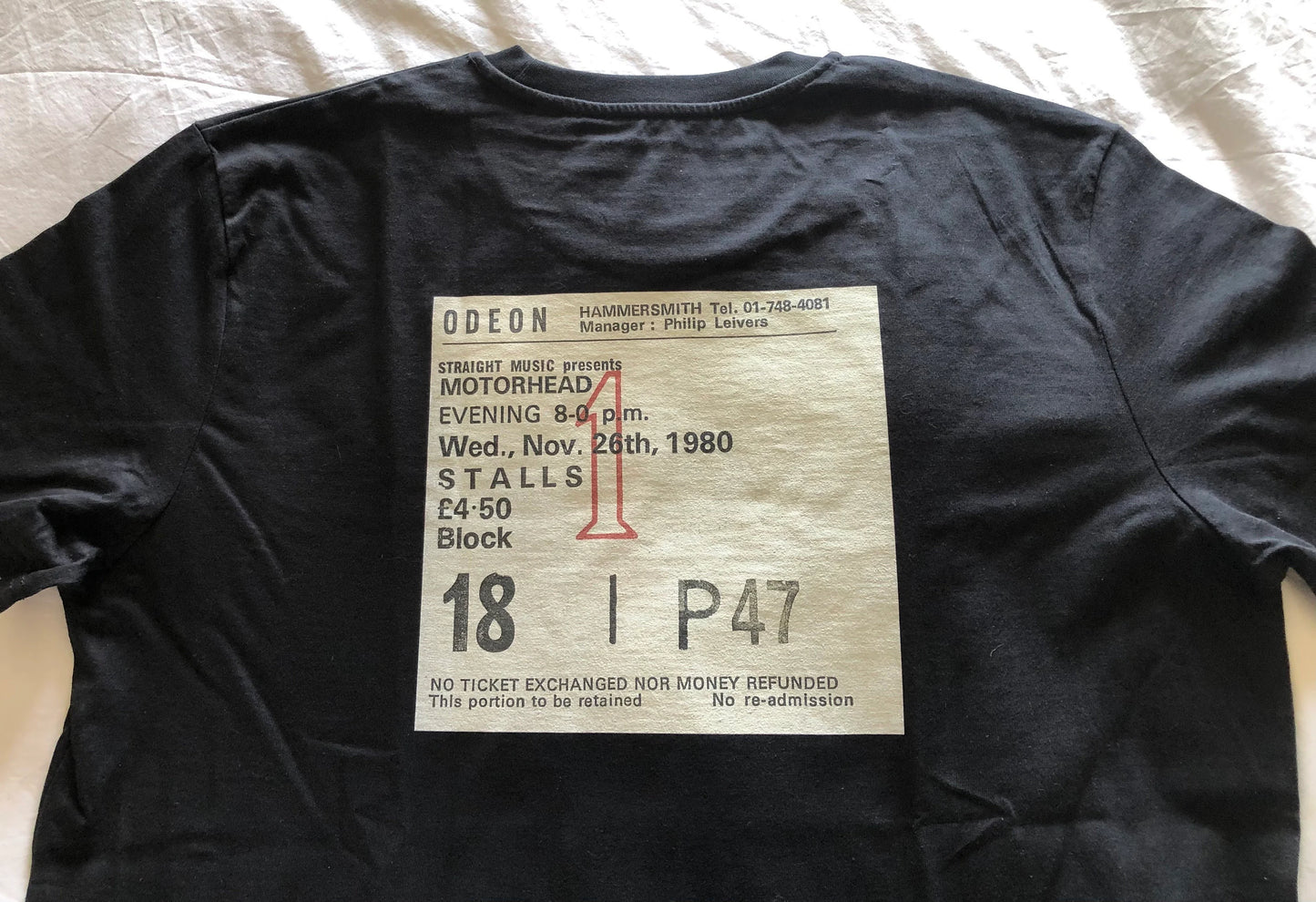 MOTÖRHEAD - 1980 “ Ace of Spades “ T SHIRT. Featuring a concert ticket on the front and back.