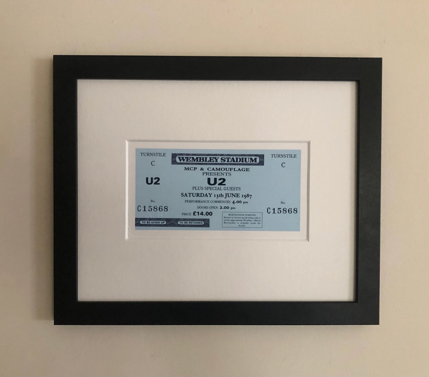 U2 - 1987 “ Joshua Tree tour “ Wembley Stadium , London framed ticket giclee print