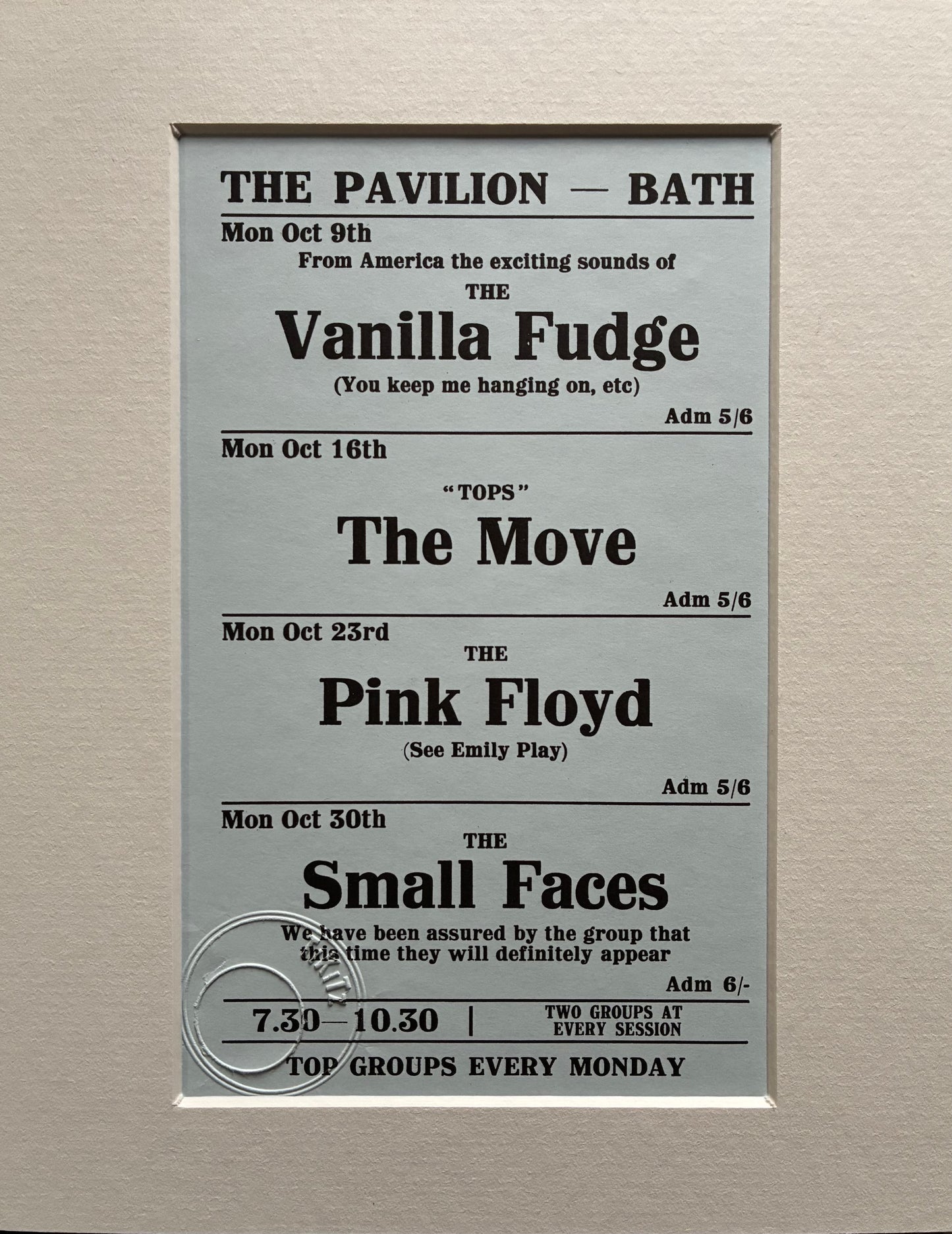 PINK FLOYD / THE MOVE / SMALL FACES- October 1967 - The Pavilion, Bath, hand flyer reprint