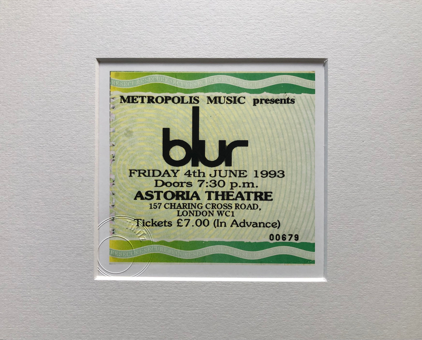 BLUR - 1993 Astoria Theatre, , London framed ticket giclee print