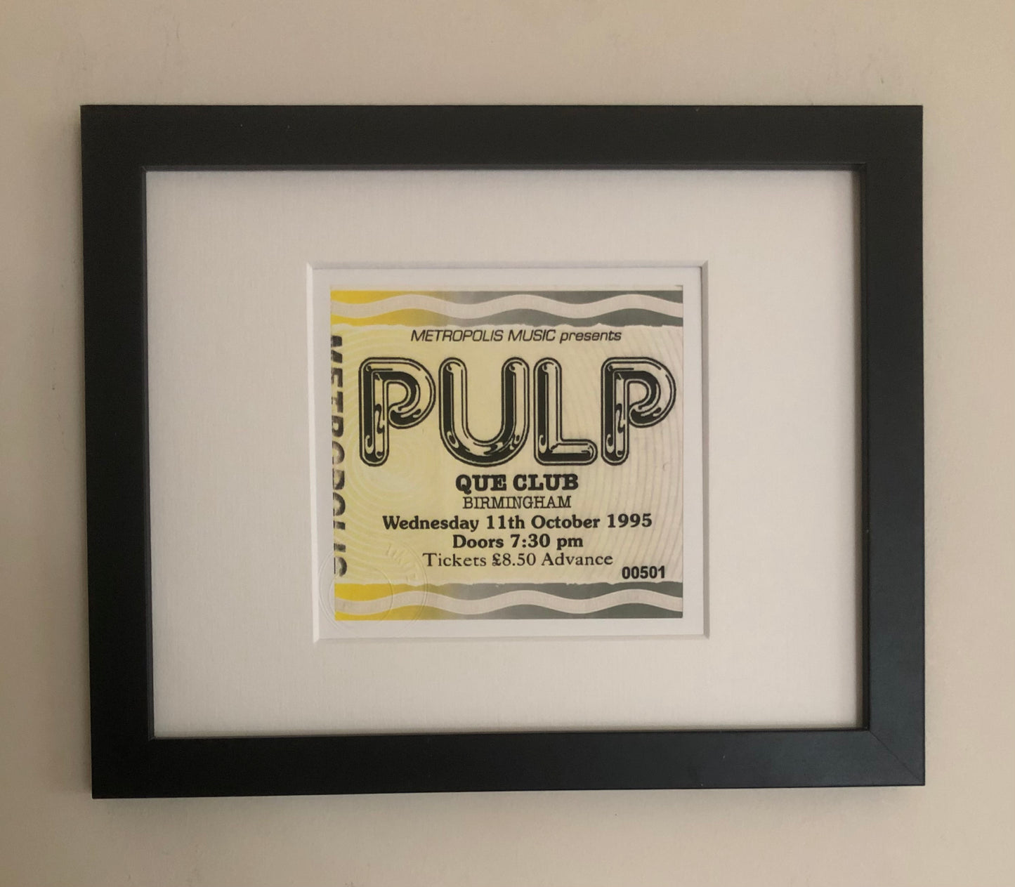 PULP - 1995 Que Club, Birmingham framed ticket giclee print