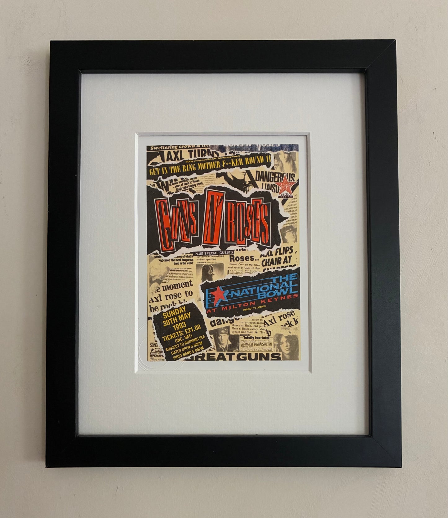 GUNS N ROSES- 1993 The National Bowl, Milton Keynes framed ticket giclee print
