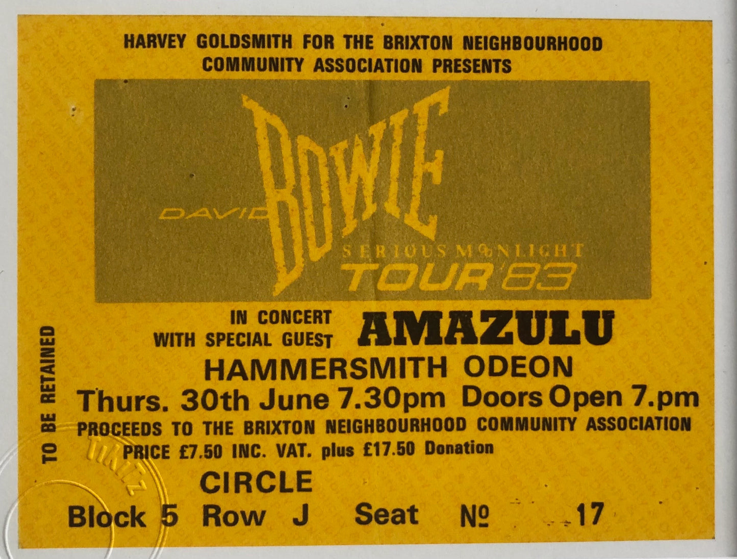 DAVID BOWIE - 1983 “ Serious Moonlight tour” , Hammersmith Odeon, London framed ticket giclee print