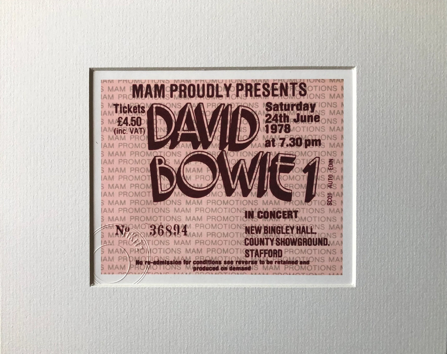 DAVID BOWIE - 1978 New Bingley Hall, Stafford framed ticket giclee print