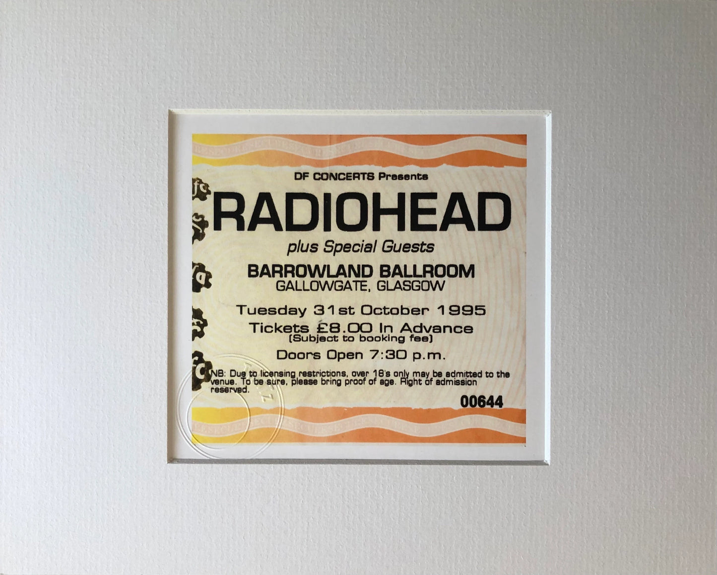 RADIOHEAD - 1995 Barrowland Ballroom, Glasgow framed ticket giclee print